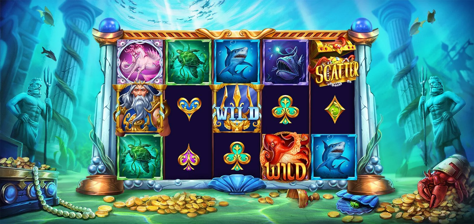 Casino game art - underwater mythology slot machine design with Poseidon and sea creatures